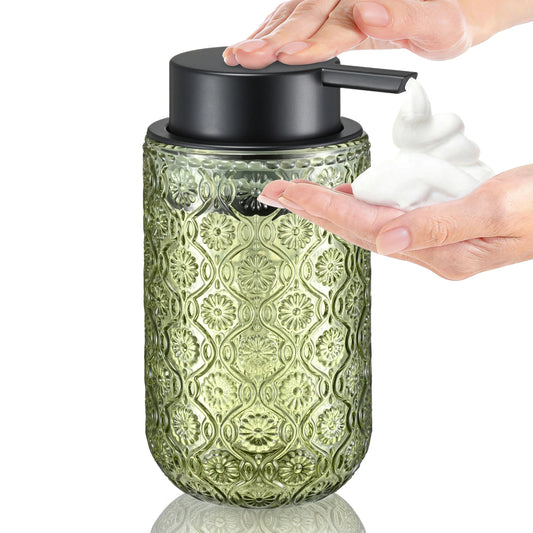 Vintage-Style Embossed Glass Foaming Soap Dispenser — Matte Black Pump Head — Suitable for Bathroom & Kitchen Hand Soap