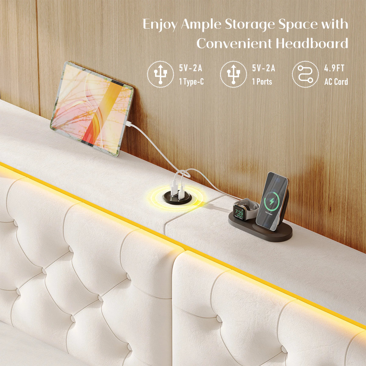 EnHomee Bed Frame with Oversized Headboard & LED Light & Charging Station, Velvet Platform Bed Frame with 2 Storage Drawers, No Box Spring Needed,Noise-Free