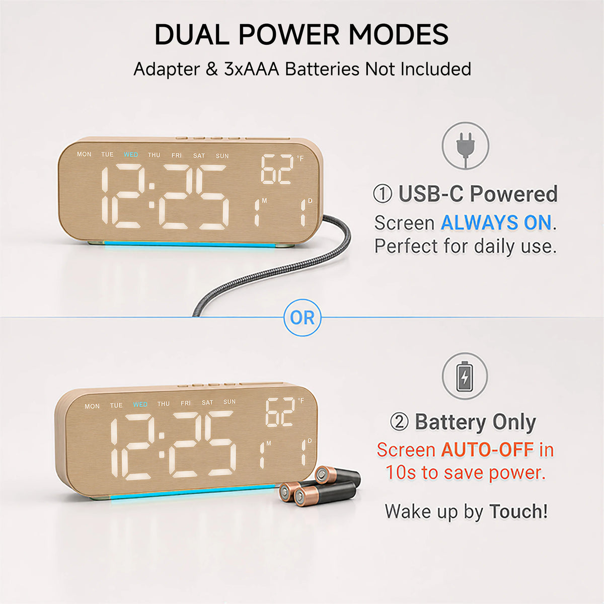Timess 10inch 4-Color Digital Electronic Alarm Clock, with Ambient Light, Dual Alarms, Automatic Dimming Large Display, Timer, Usb-C Bedroom Bedside Table Clock