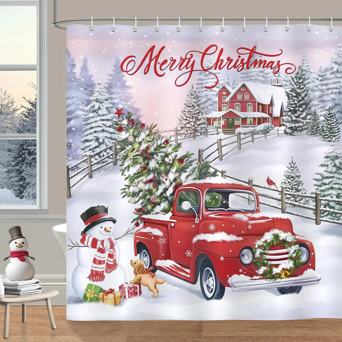 New in 2026 Bonhause Merry Christmas Shower Curtain, Red Truck Xmas Tree Snowman Winter Holiday Bathroom Decor 72 x 72 Inch Polyester Fabric Waterproof Bath Curtain with 12 Hooks