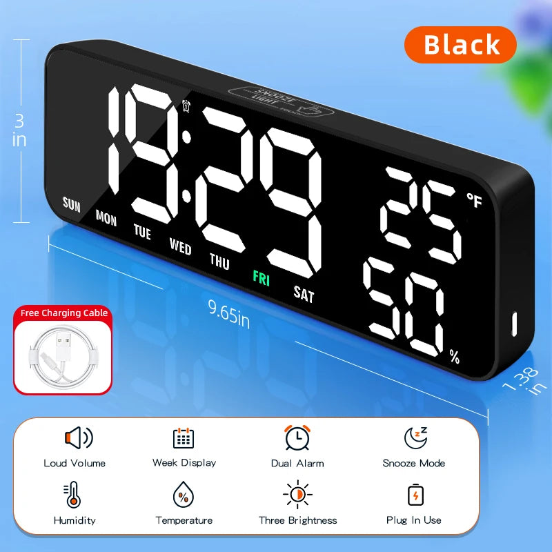 Timess Large Display Digital Alarm Clock with Dual Alarm, Snooze, Temperature Humidity, Week Display, 3 Brightness Levels, Usb-C Powered