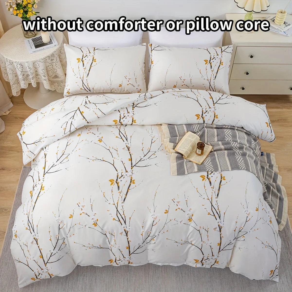 Dolin Plum Blossom Print Three-Piece Quilt Cover Set, Skin-Friendly and Breathable Bedding, Suitable for All Seasons