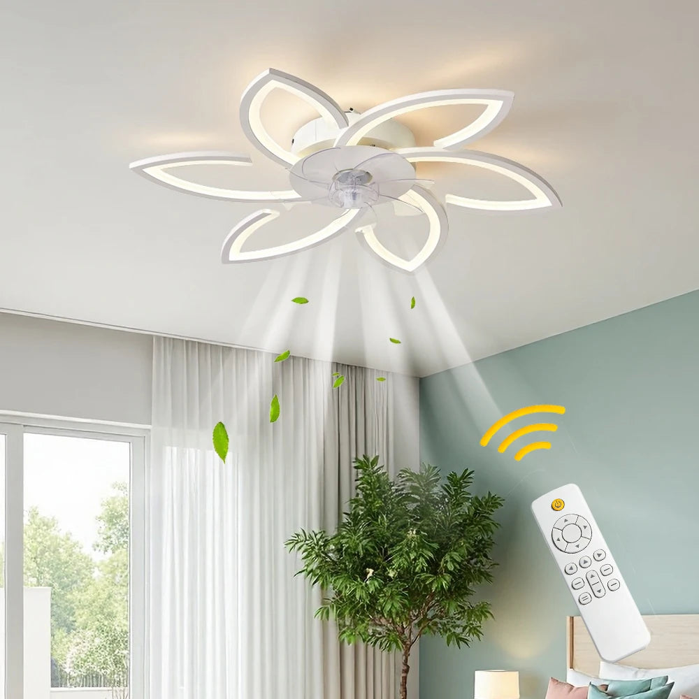 Petal-Shaped Ceiling Fan Light with 6 Wind Speed Settings, Stepless Dimming, Remote Control, and a Reversible Motor for Year-Round Use in Both Winter and Summer. Ideal for Bedrooms, Above Dining Tables, and in Home Offices.