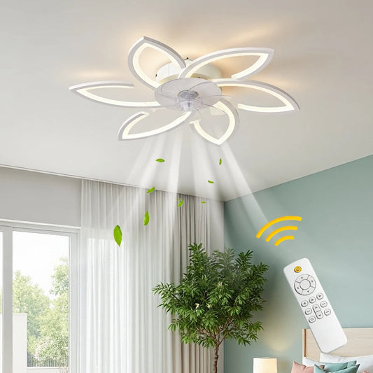 Petal-Shaped Ceiling Fan Light with 6 Wind Speed Settings, Stepless Dimming, Remote Control, and a Reversible Motor for Year-Round Use in Both Winter and Summer. Ideal for Bedrooms, Above Dining Tables, and in Home Offices.