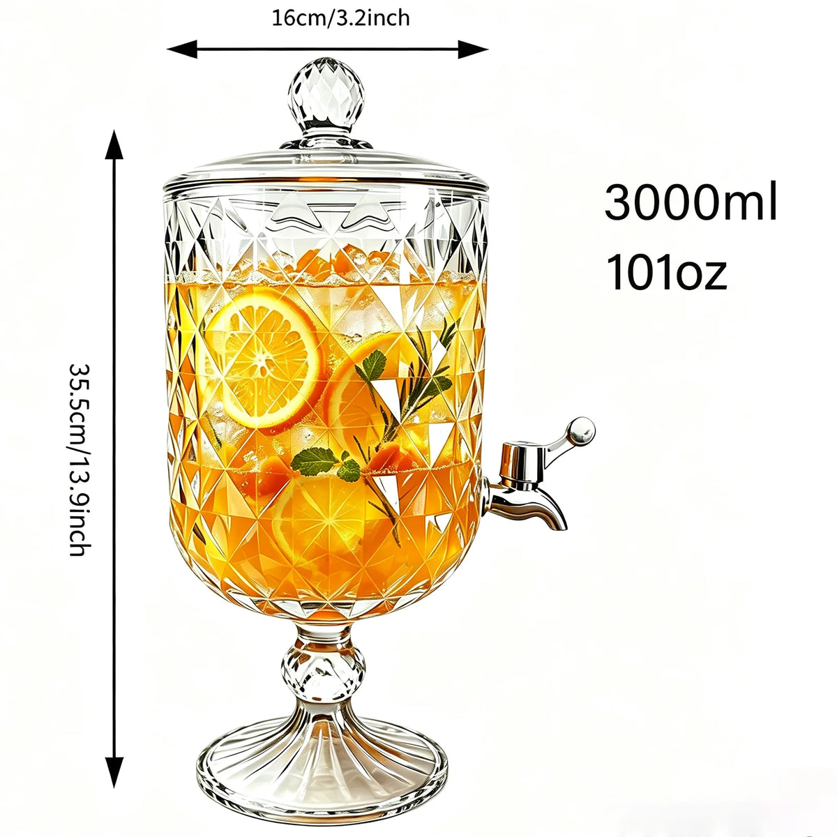 0.8 Gallon/ 3 Liter Glass Beverage Dispenser with Stainless Steel Spigot On Glass Pedestal, 101oz Decorative Mason Drink Dispenser for BBQ, Picnic, Pool Party, And Social Events