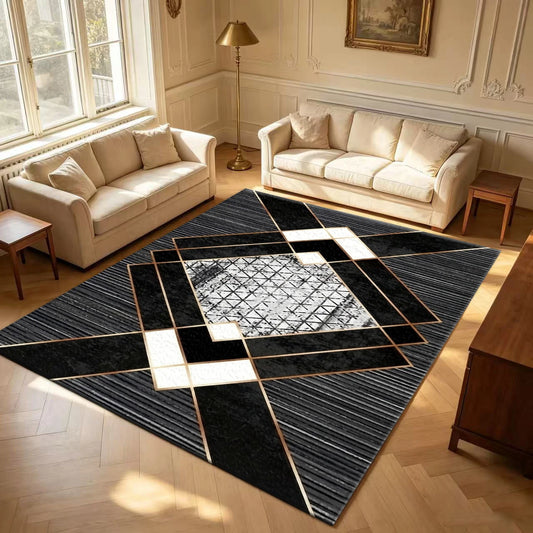 Modern Luxury Black Gold Geometric Area Rug Abstract Rectangular Floor Carpet for Living Room Bedroom Home Decor