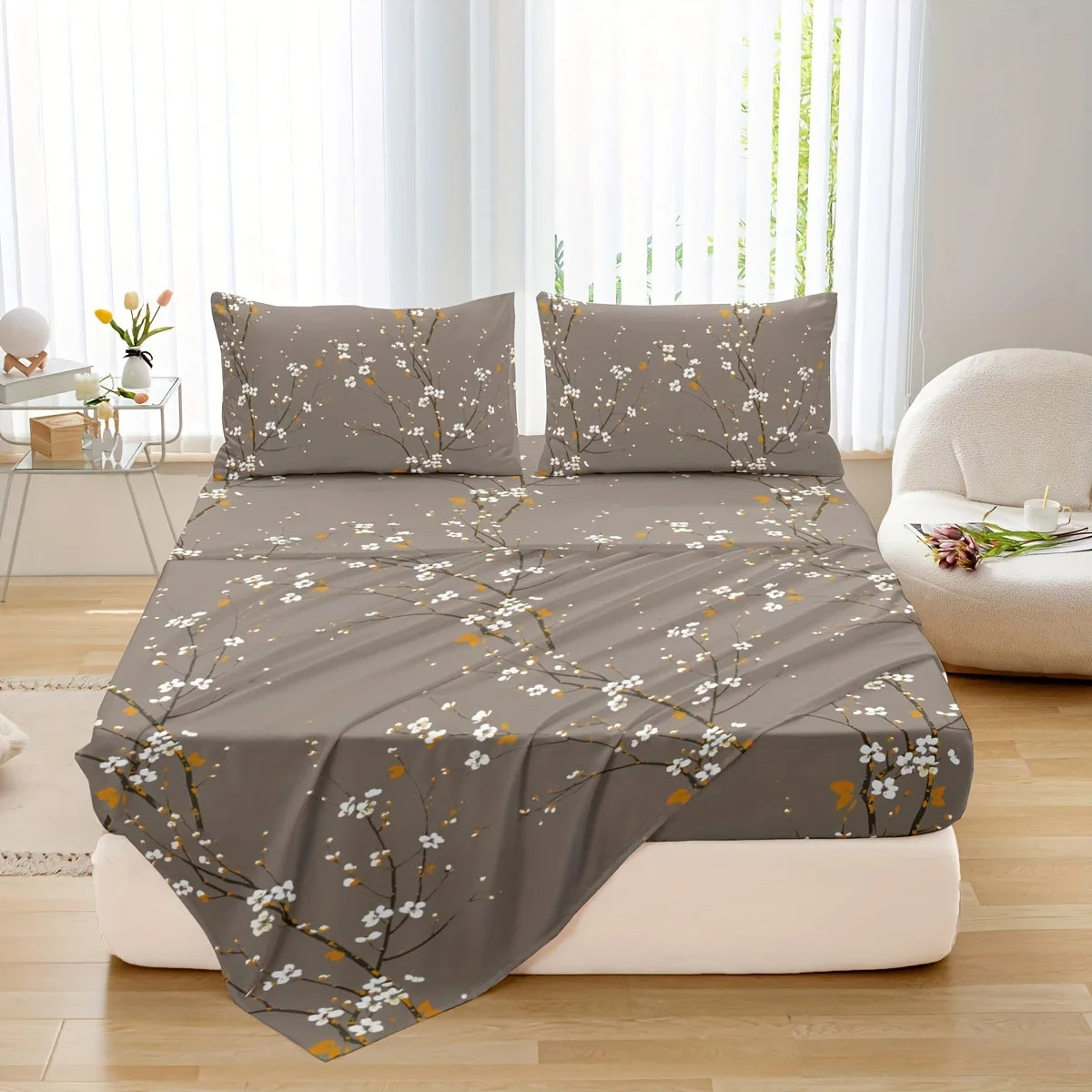 Dolin Plum Blossom Print Bedding Set (1 Fitted Sheet, 1 Flat Sheet, 2 Pillowcases) Ultra-Soft Breathable Fabric, Skin-Friendly, Comfortable, Breathable, Machine Washable, Suitable for All Seasons, Elegant and Exquisite, Ideal