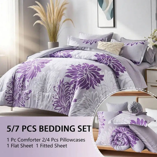 7 Pieces Chic Floral Printed Bed Comforter Sets, Queen King, Soft And Comfortable Summer Bedding Sets, Bed In A Bag, Hotel Bedro