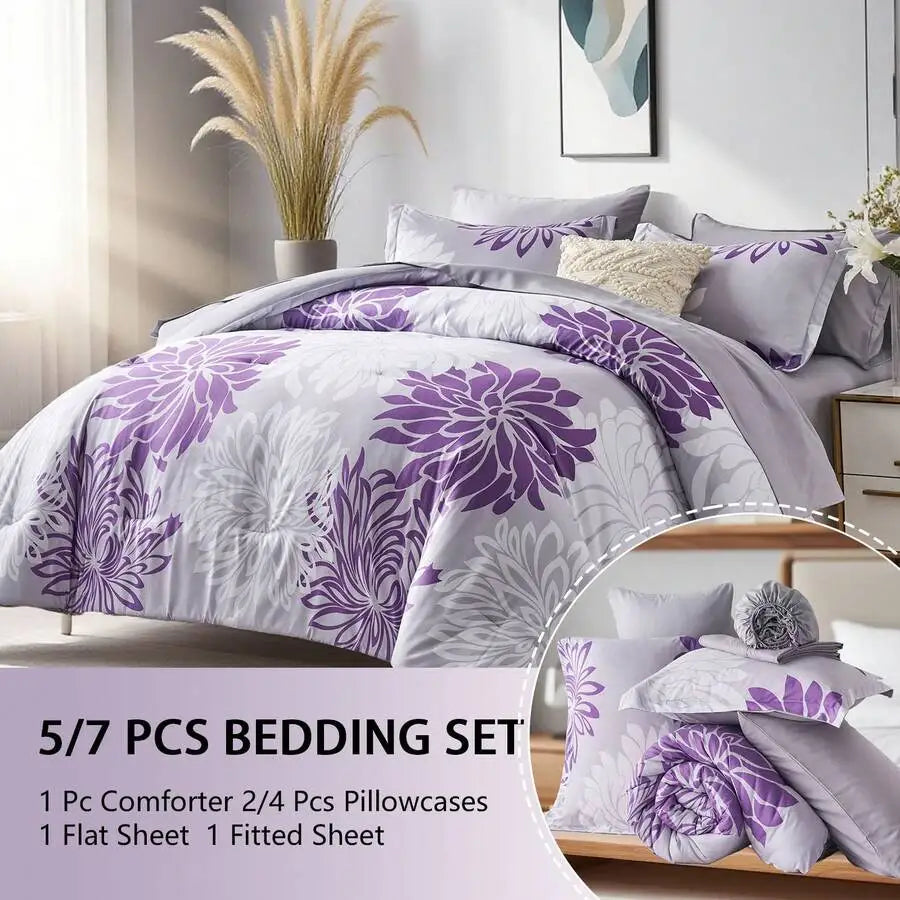 7 Pieces Chic Floral Printed Bed Comforter Sets, Queen King, Soft And Comfortable Summer Bedding Sets, Bed In A Bag, Hotel Bedro