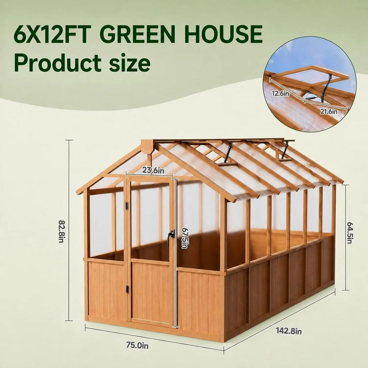 6x12 FT Wooden Greenhouse Outdoor, Heavy Duty Green House with Polycarbonate Panels, Adjustable Roof Vent, Walk-in,Custom
