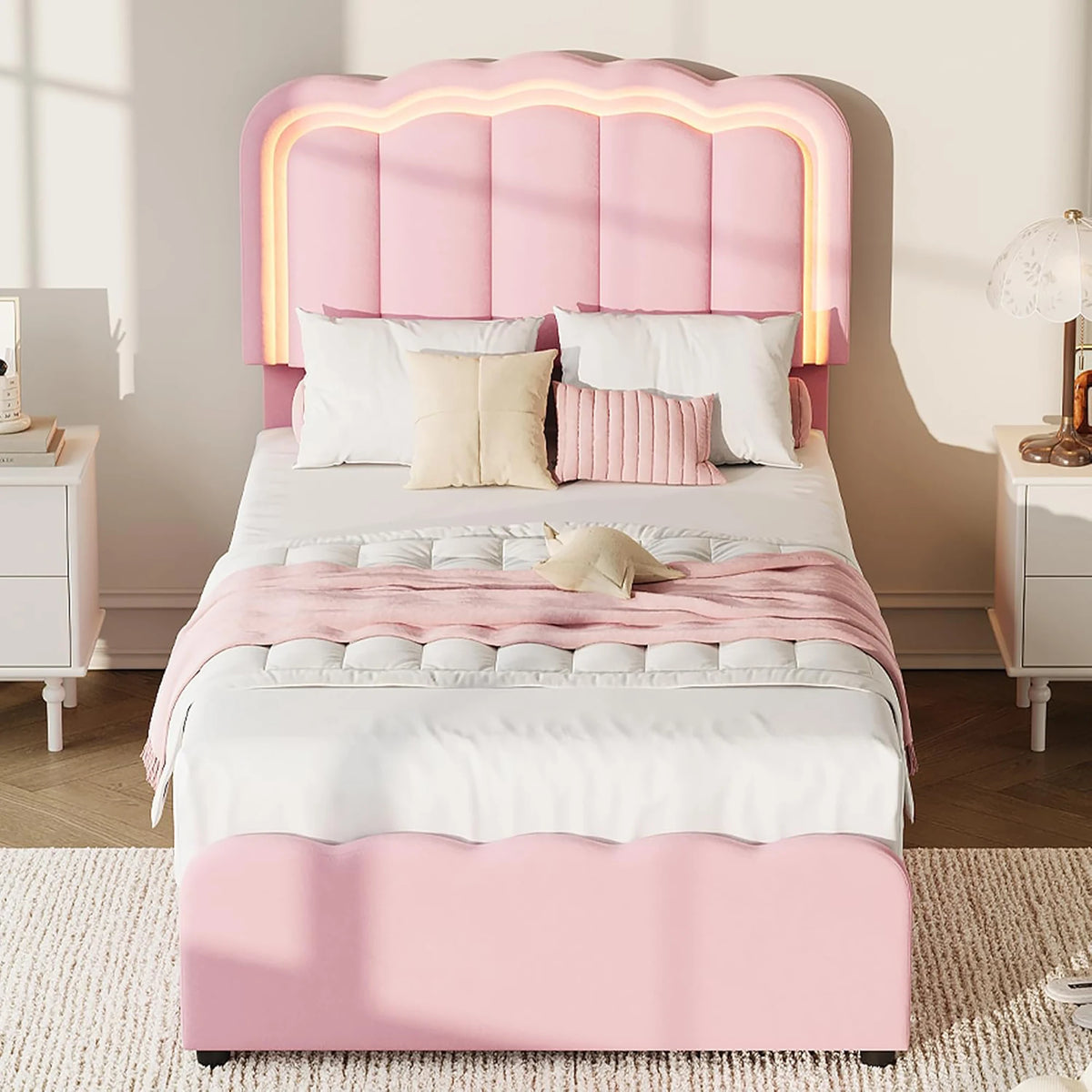 Twin Bed Frame With 2 Storage Drawers LED Lights Upholstered Platform Bed Adjustable Headboard No Box Spring Wood Slats