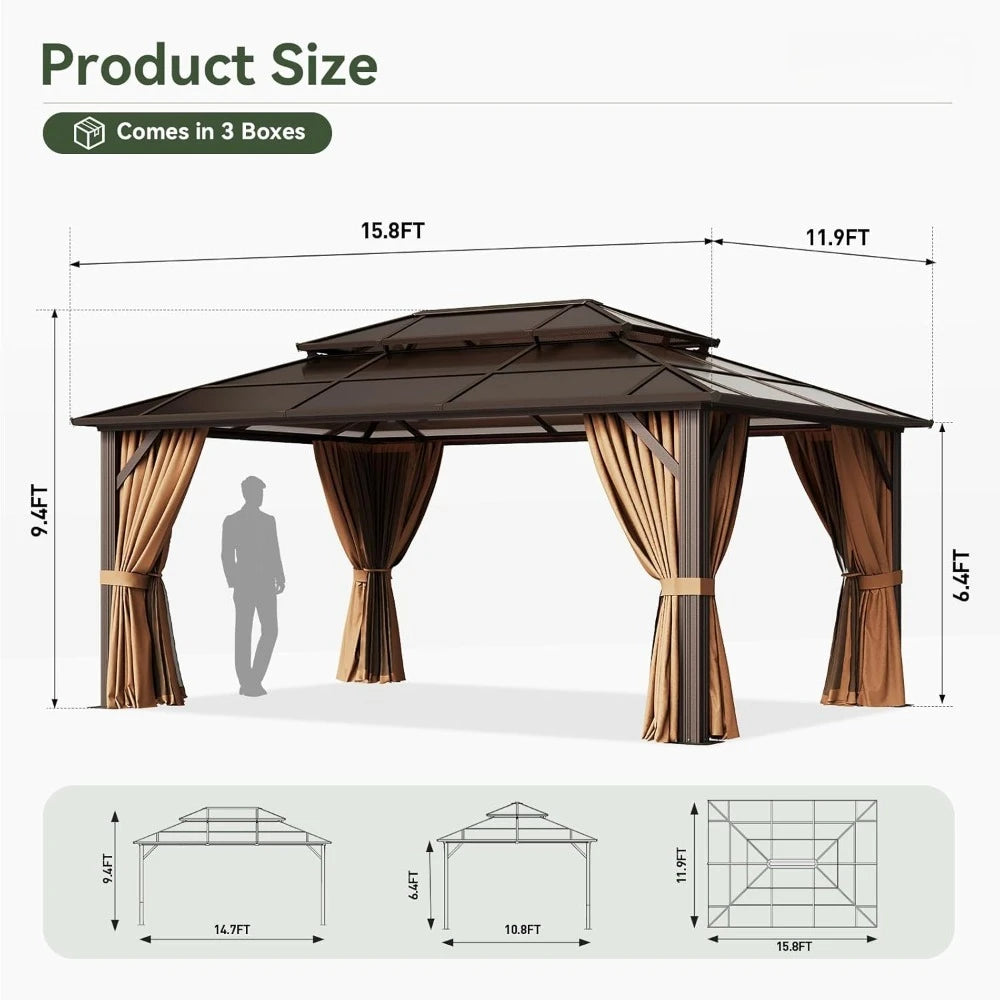 12'x16' Hardtop Gazebo, Aluminum Frame Permanent Pavilion with Curtains and Netting, Outdoor Polycarbonate Double, Customized