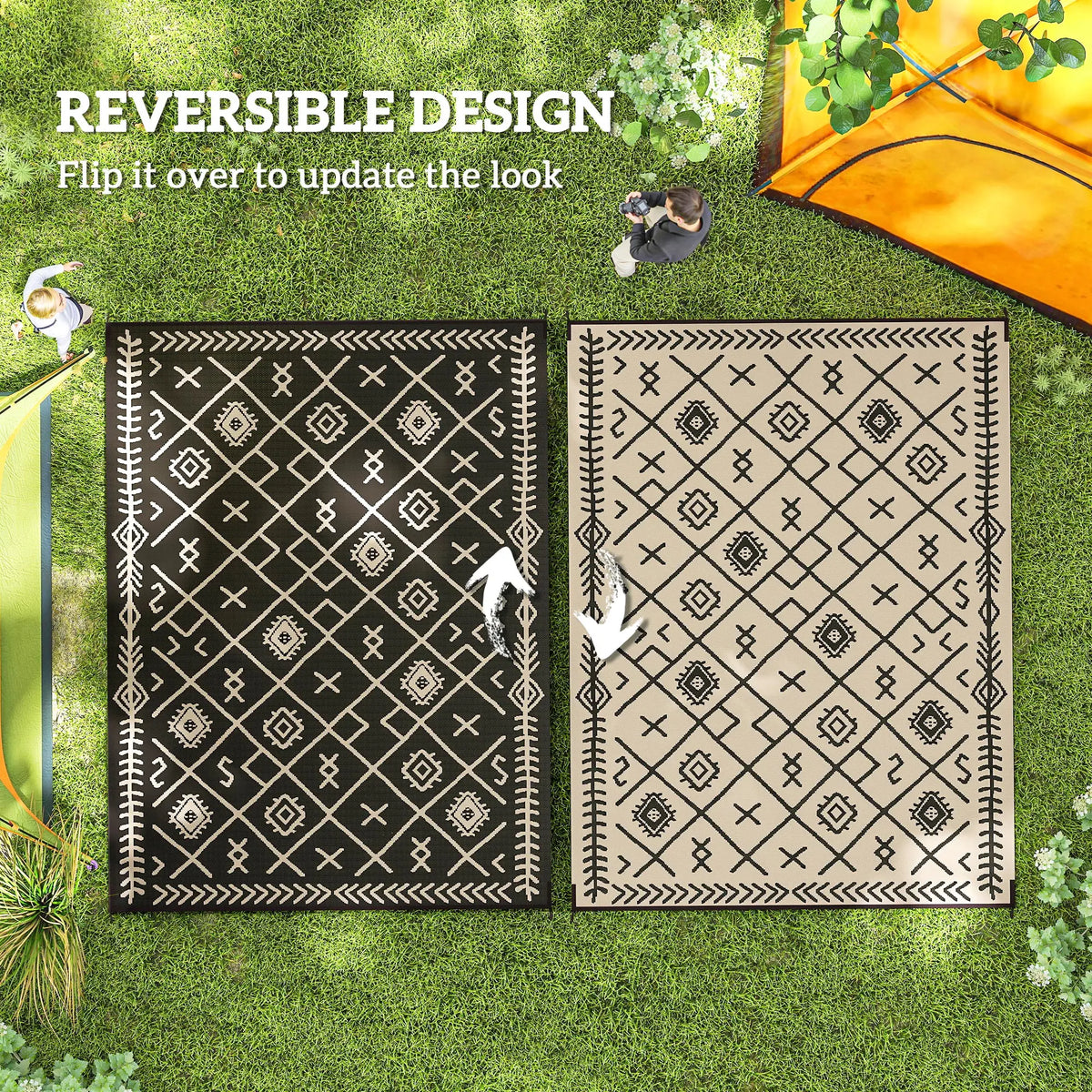 Outdoor Rug, 9' x 12' Floor Mat, Black Beige Rhombus