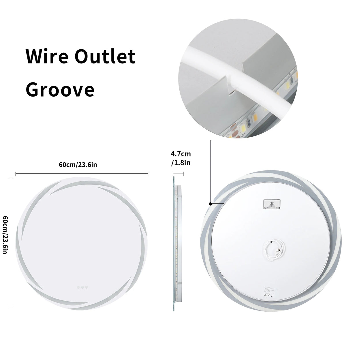 60/80CM LED Bathroom Mirror Circle Backlit HD Wall Antifog Vanity Mirror Shatterproof 3 Colors Lights Dimmable