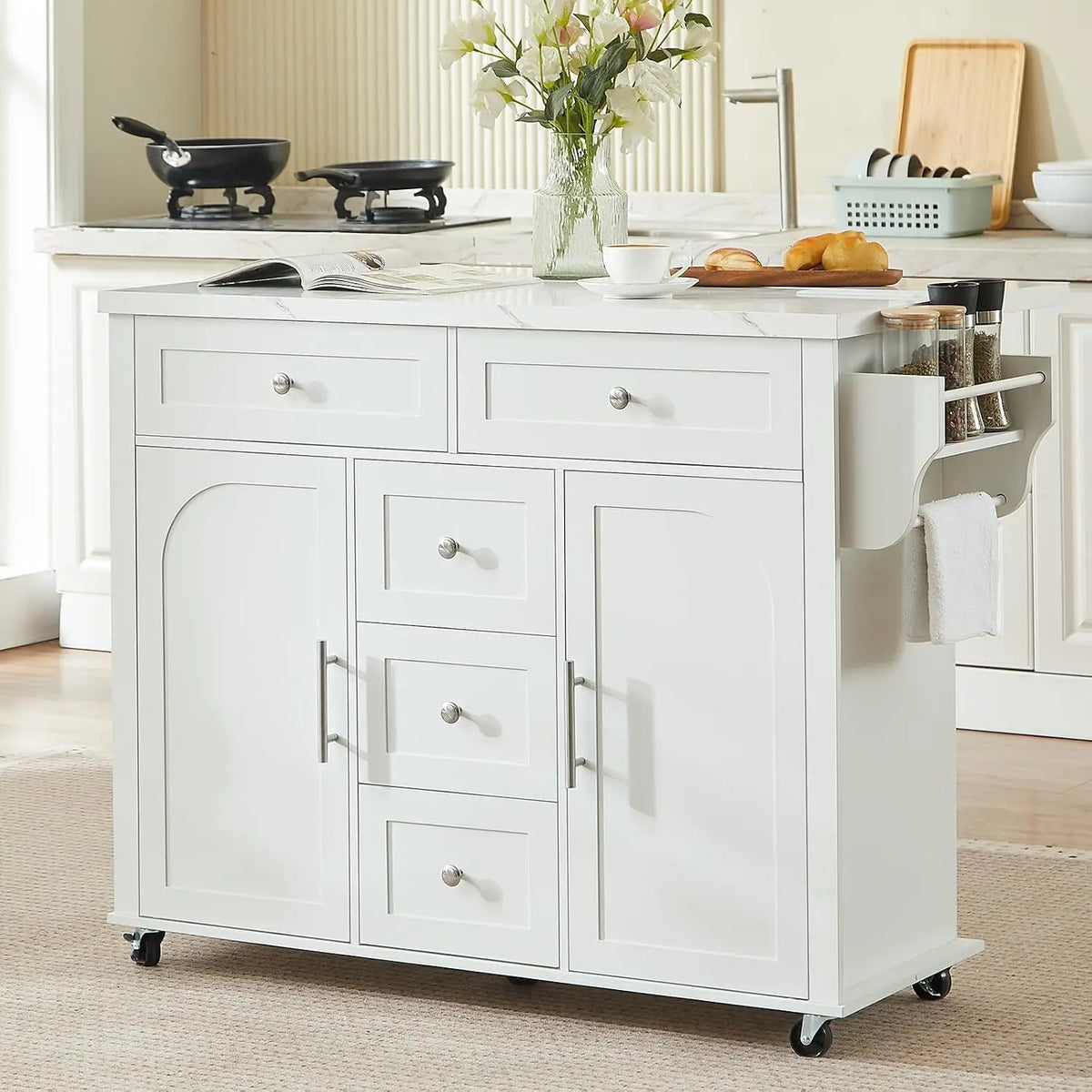 47" Rolling Kitchen Island Cart with Power Outlet | Movable Island Table & Storage Cabinet: White Marble Top, 5 Drawers + 2 Cabinets, Spice Rack, Free Tool Installation for Kitchen Craftsmanship