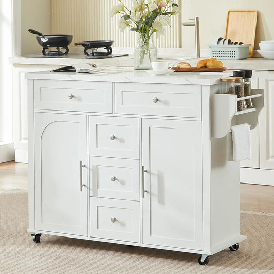 47" Rolling Kitchen Island Cart with Power Outlet | Movable Island Table & Storage Cabinet: White Marble Top, 5 Drawers + 2 Cabinets, Spice Rack, Free Tool Installation for Kitchen Craftsmanship