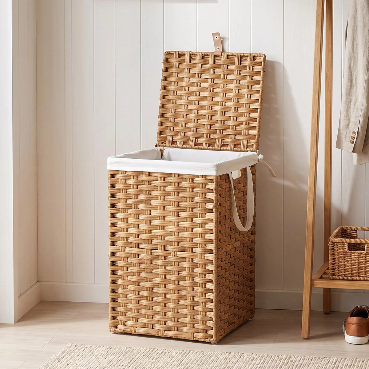 JHK 65L Wicker Laundry Hampers with Lid Woven Clothes Hamper with Side Handles Sturdy Steel Frame Removable Liner Foldable Rattan Laundry Basket For Home
