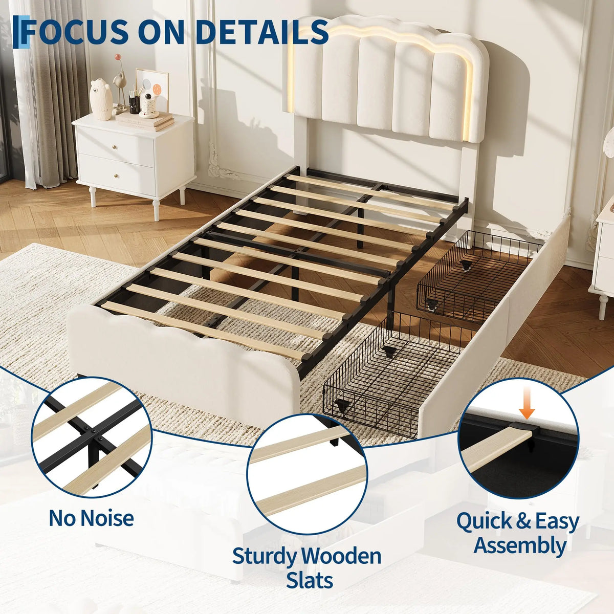Twin Bed Frame With 2 Storage Drawers LED Lights Upholstered Platform Bed Adjustable Headboard No Box Spring Wood Slats