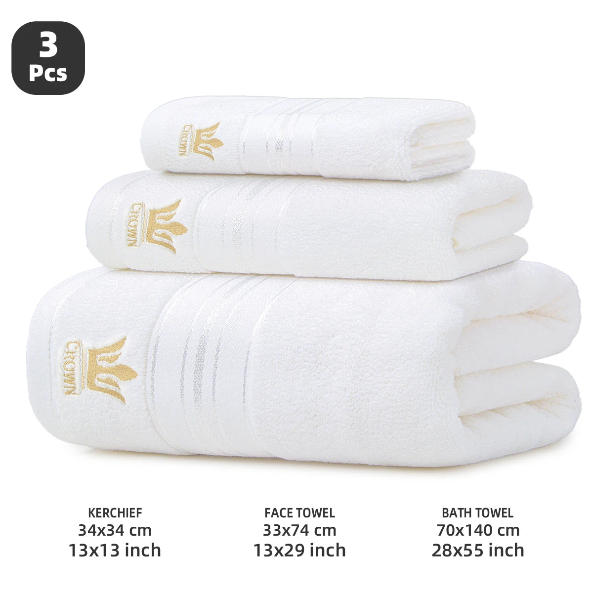 3‑Piece 100% Cotton Towel Set, 1 Bath Towel + 1 Hand Towel + 1 Face Towel, Crown Pattern, High Water Absorbency & Quick‑Drying Towels