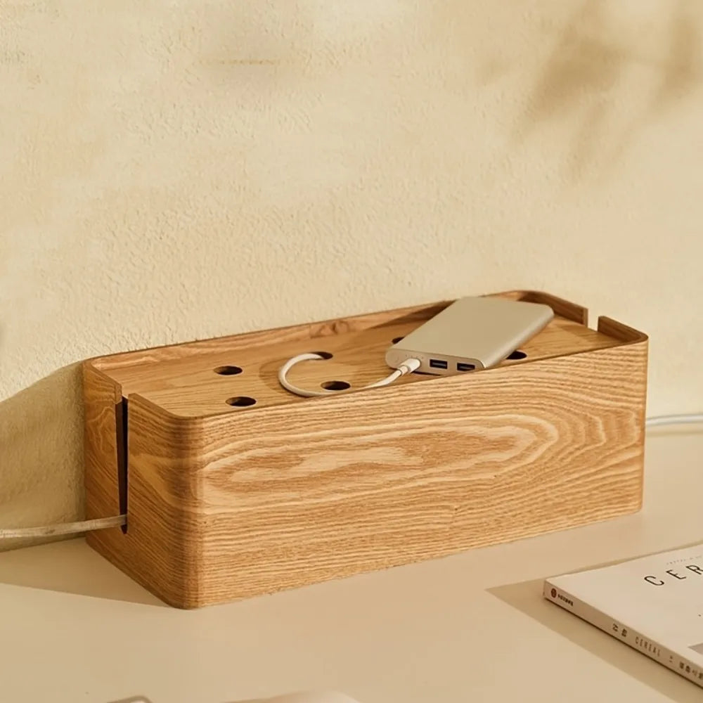 Wooden Cable Management Box with Top Shelf Solid Wood Cord Organizer for Desk Power Strip Hider Home Office Living Room