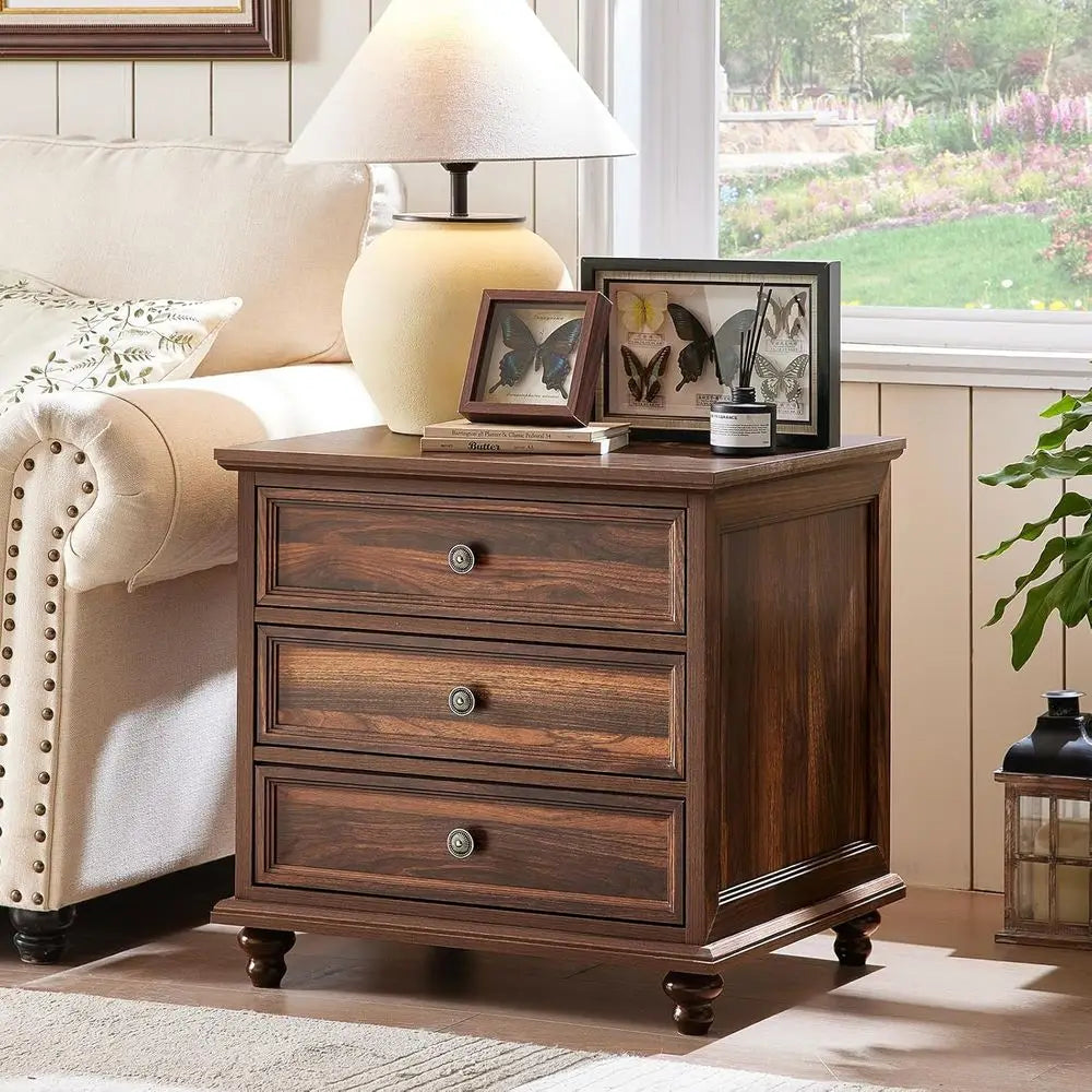 24" Wide armhouse Night Stand Set o 2,Large End Table with 3 Ders & Metal Handle,Brown Wood Drer or Bedroom Cabinet, Bed Side Ta
