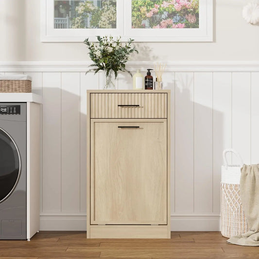 Tilt Out Laundry Hamper Cabinet, Double Farmhouse Laundry Basket with Drawer, Space Saving Hidden Laundry Storage with Removable Baskets