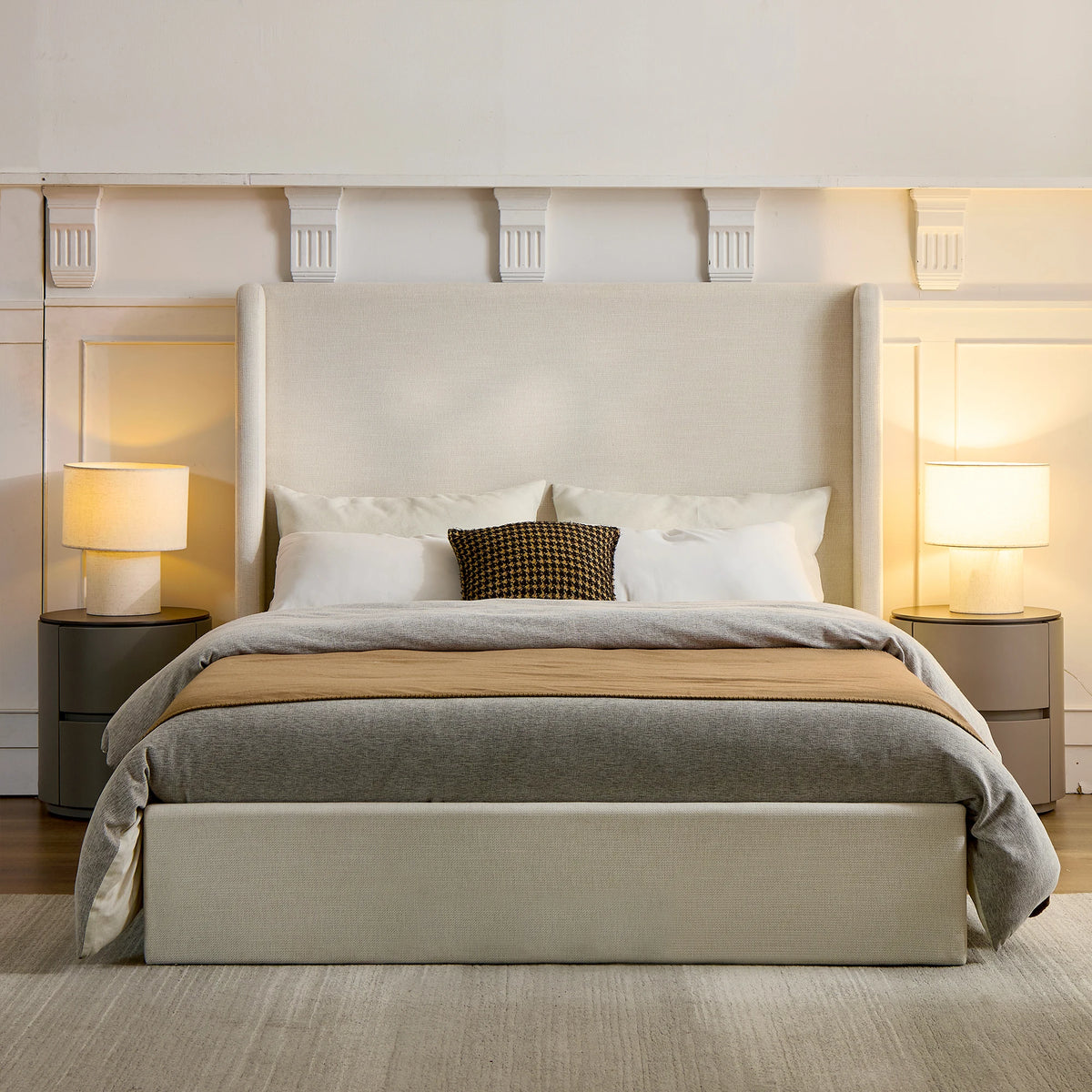 Carmen Upholstered Wingback Platform Bed, 54" High Headboard, Textured Ivory Canvas, No Box Spring Needed, Quiet & Sturdy, Queen
