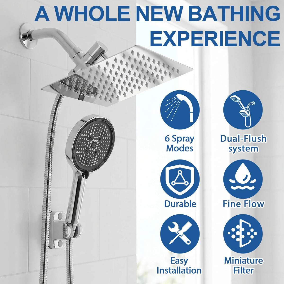 Shower Head, Rain Shower Head with Handheld Spray Combo, Anti-Leak Shower Head with Holder,8/10 Inch Adjustable High Pressure Rainfall Shower Head, Dual Showerhead Set with Long Shower Hose (Silver)