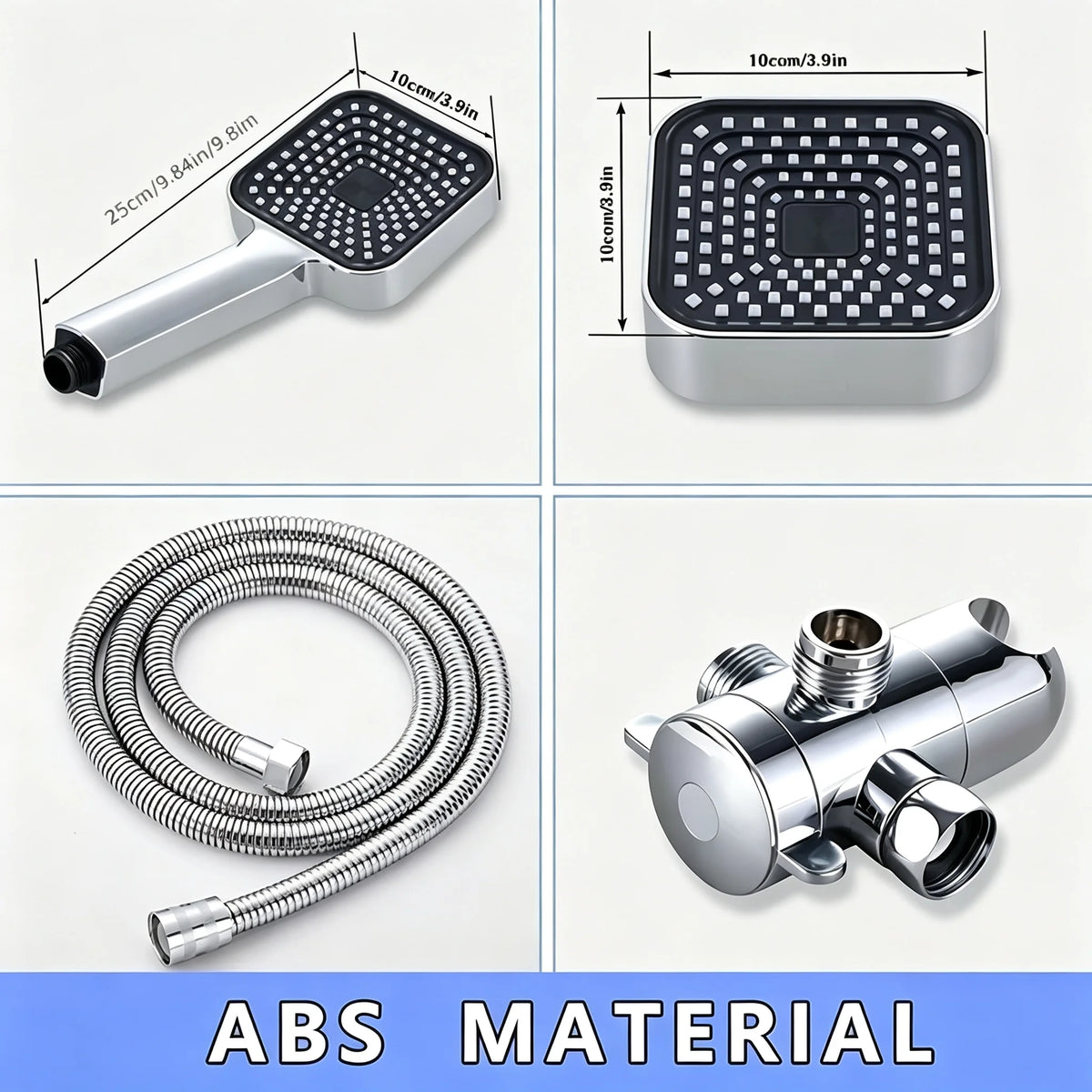 High Pressure Dual Square Shower Head System Wall Mount with Flexible Metal Hose Adjustable Angle Bracket Silicone Nozzles