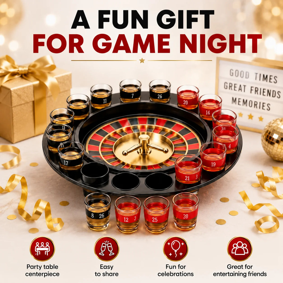 Spin Wheel Drinking Game Kit with 16 Shot Glass Cups, Classic Bar Tabletop Interactive Party Game, Portable Adult Beverage Game Set for Birthday Party, Bachelorette Night, Bar Home Entertainment