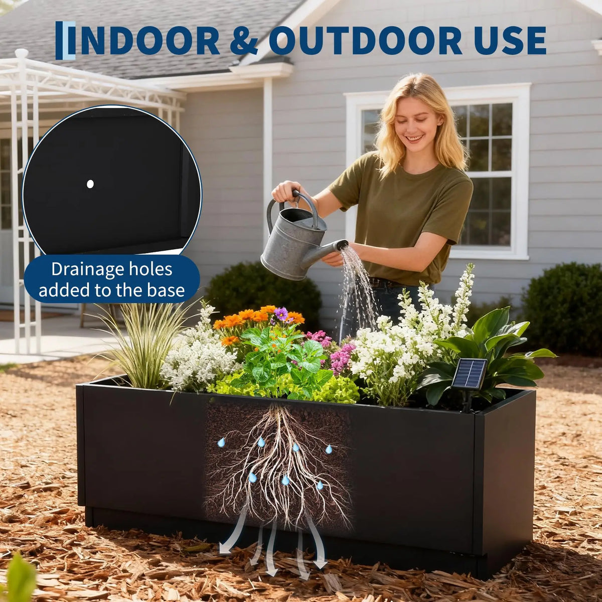 47x16 LED Metal Planter Box With Light Strips & Controller, Raised Garden Bed With Drainage Holes For Patio Yard Decor