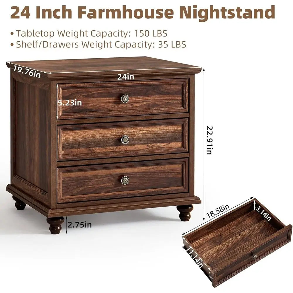 24" Wide armhouse Night Stand Set o 2,Large End Table with 3 Ders & Metal Handle,Brown Wood Drer or Bedroom Cabinet, Bed Side Ta