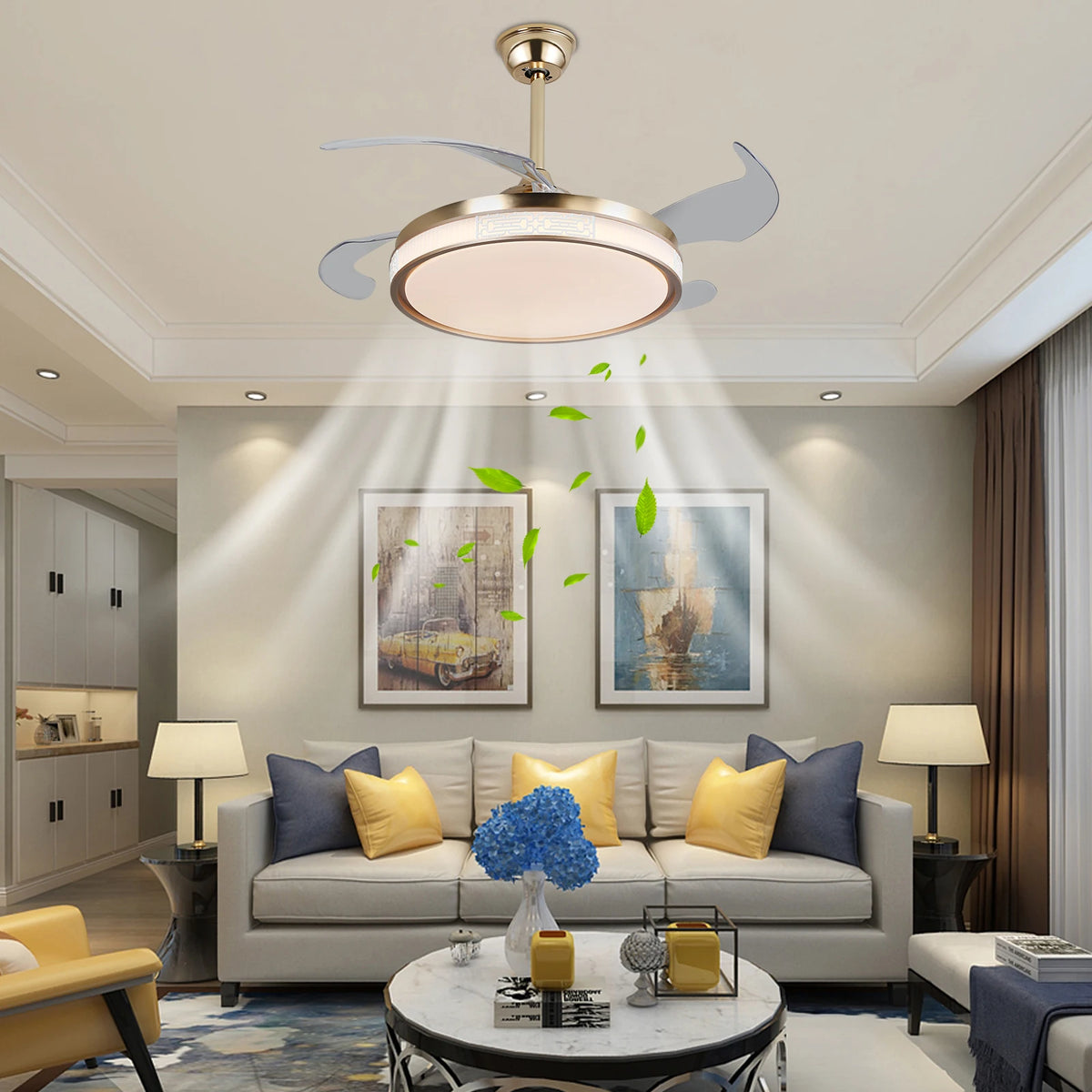 42 Inch Ceiling Fan Speed 3 Color with Remote Control Temperature 3000K-6000K Dimmable LED Reversible Quiet Motor Gold Ceiling Fan Lamp for Bedroom Living Room Kitchen Home