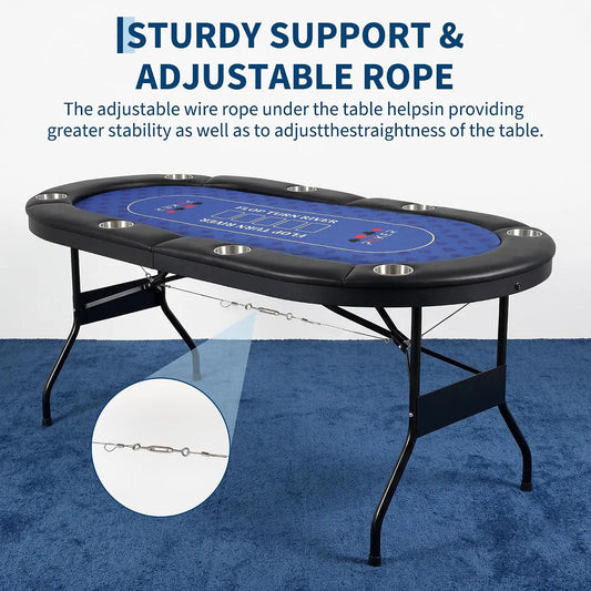 Portable 8 Player Foldable Poker Table With Padded Rail Deepened Cup Holders And 2 Interchangeable Play Mats Plus Fold Lock Latch For Texas HoldEm Blackjack