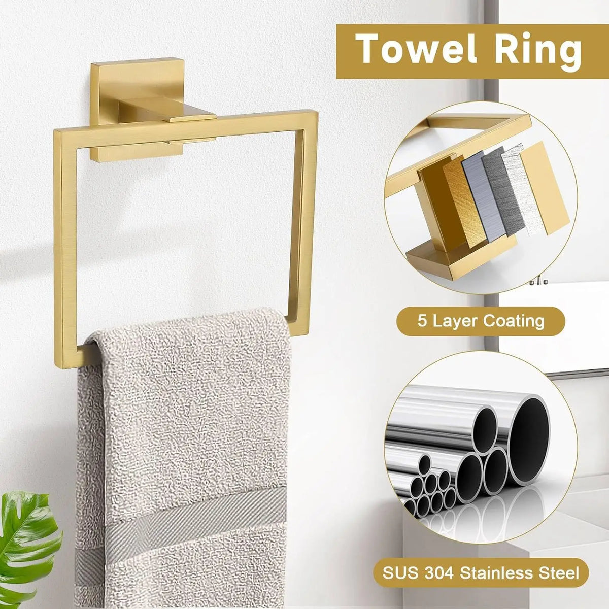 10-Piece Bathroom Hardware Accessories Set-Brushed Gold Towel Bar, Holder & Racks-SUS304 Stainless Steel-Wall Mounted,23.6-Inch
