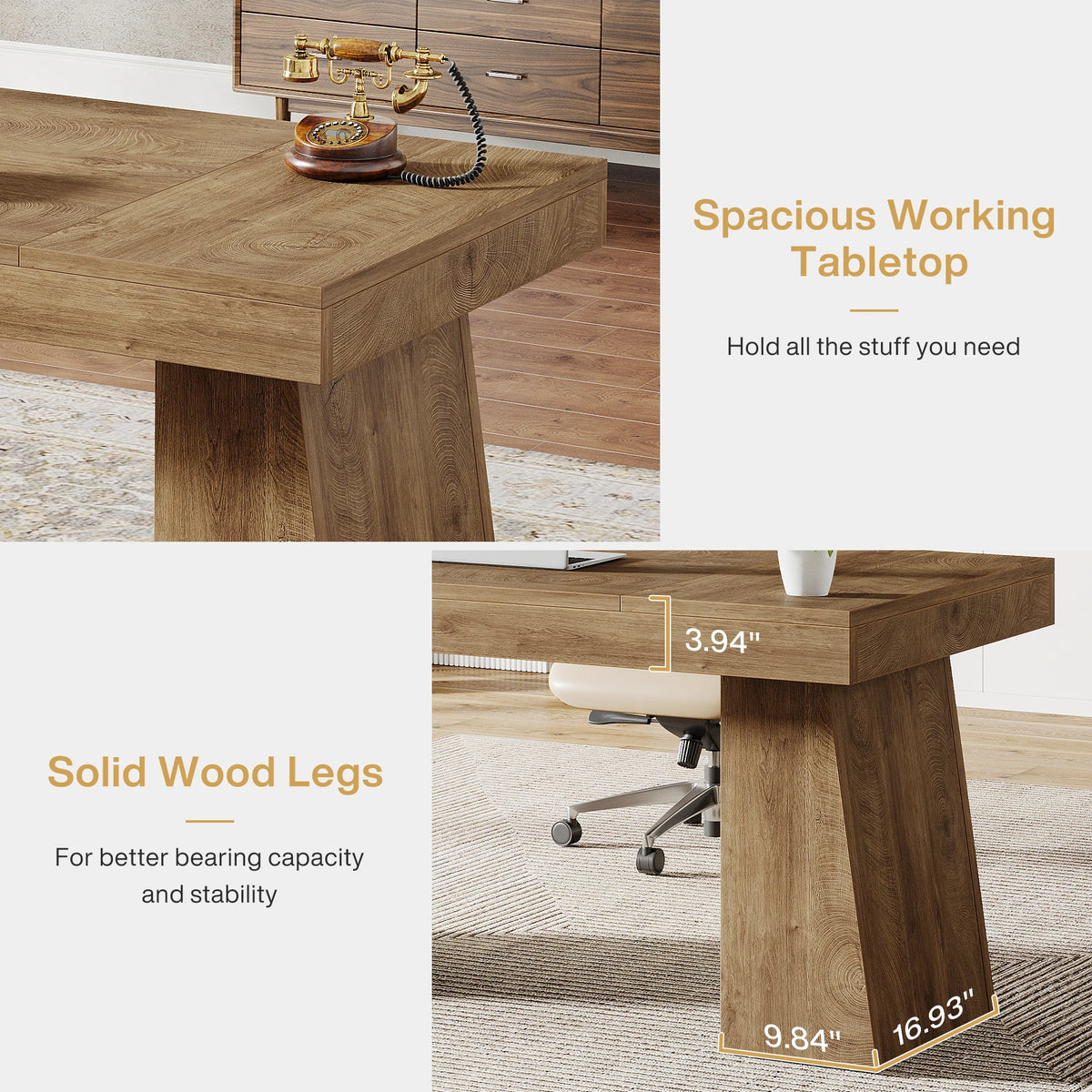 Tribesigns 55-Inch Executive Desk, Large Wood Office Computer Desk with Double Pedestal, Modern Minimalist Workstations