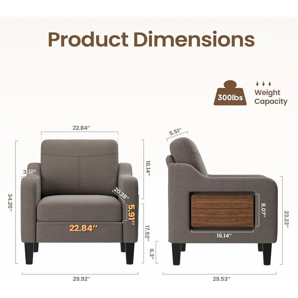 Ern Linen Upholstered Armchair Wooden Side Table Adjustable Comfortable Accent Chair for Living Room Fabric Sofa Design