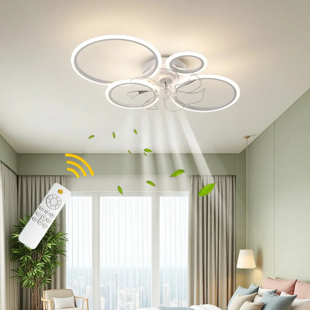 Four-ring ceiling fan light with three light colors, stepless dimming, 6 adjustable fan speed settings, and a timer function. The reversible motor makes it suitable for both summer and winter use. Ideal for bedrooms, above di