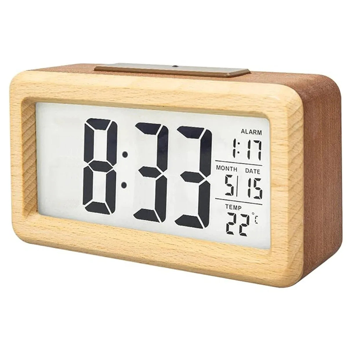 A Wooden Alarm Clock with Calendar and Temperature Display. A Solid Wood Digital Clock, Perfect for Table Decoration