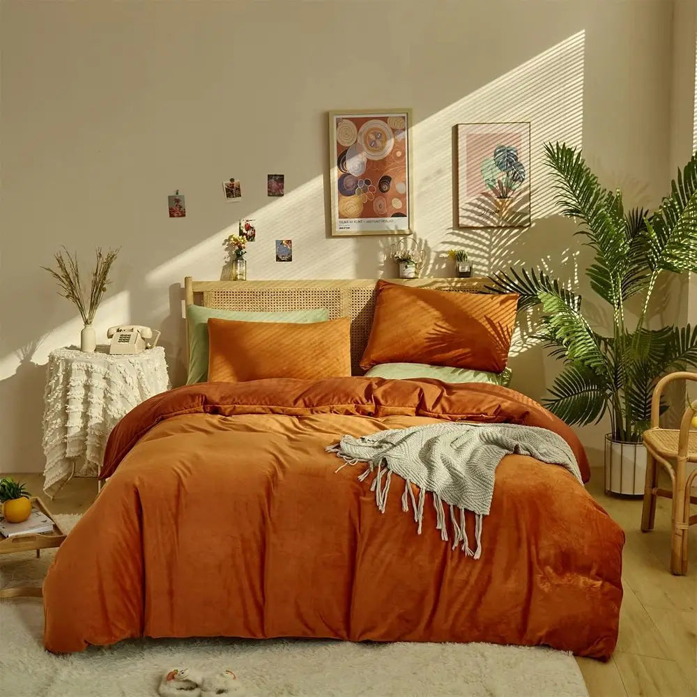 Rust Velvet Queen Bedding Set - Warm Reddish Brown Comforter for Women & Girls, Soft Flannel Bedding