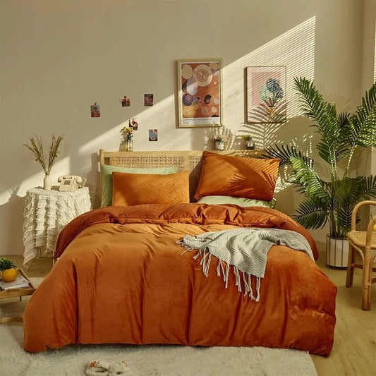 Rust Velvet Queen Bedding Set - Warm Reddish Brown Comforter for Women & Girls, Soft Flannel Bedding