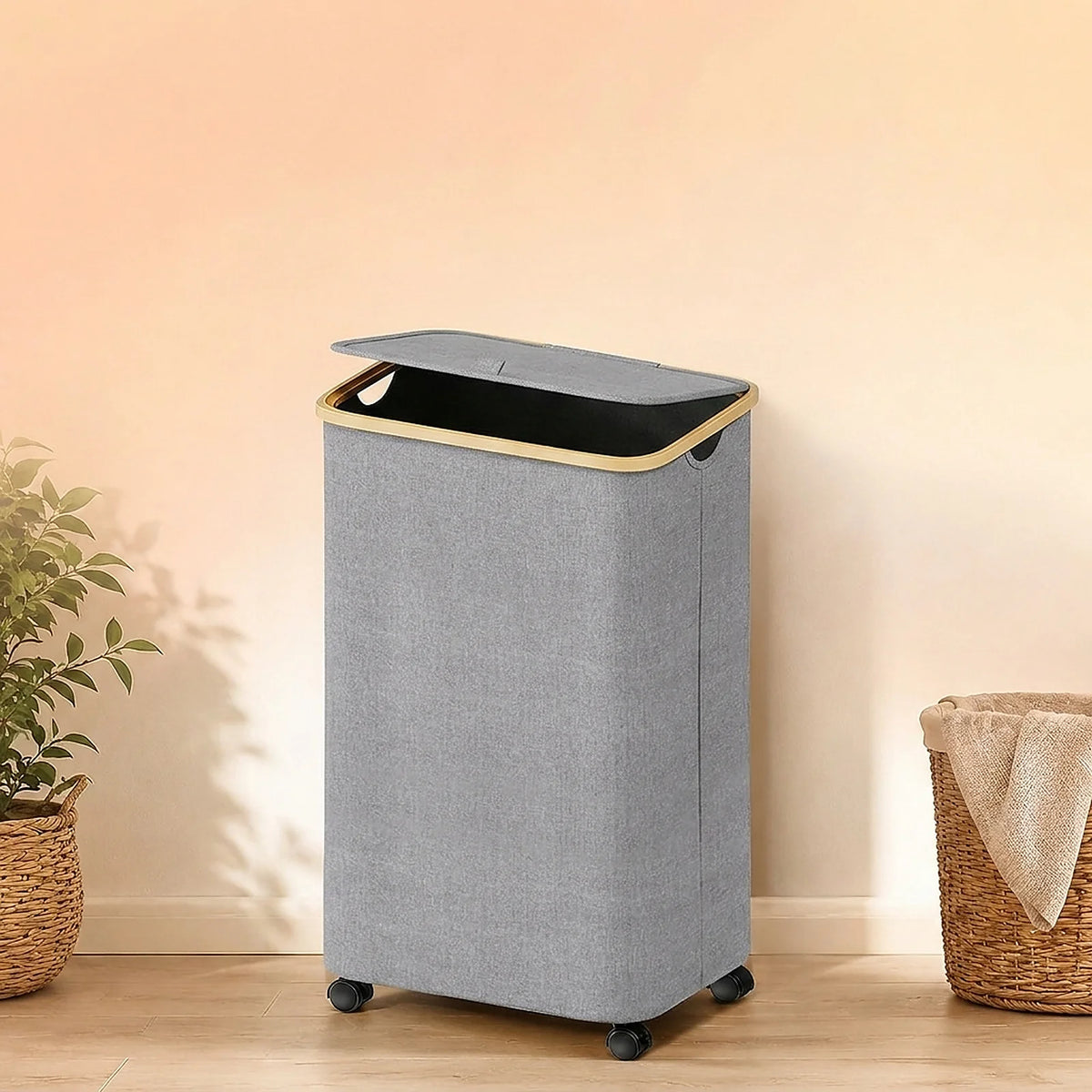Zoyiancy Black Rolling Laundry Basket 110L, Slim Tall Laundry Hamper on Wheels with Lid and Bamboo Handles for Bedroom, Bathroom, Dormitory and Laundry Room