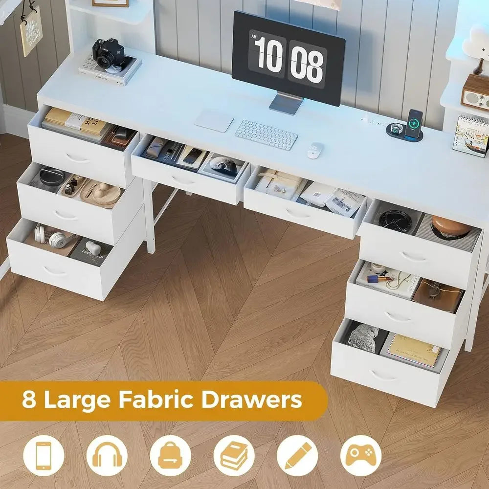 Full Size Loft Bed with Desk and 8 Drawers, Metal Frame, LED Lights & Charging Station, Heavy Duty, Space-Saving, Noise-Free, Wh