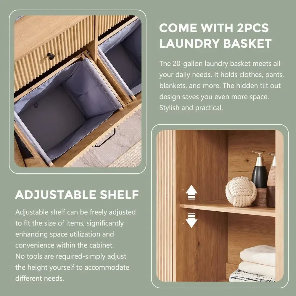 Triple-Layer Laundry Hamper Cabinet with 20-Gallon Trash Bin and Adjustable Shelf for Kitchen or Bathroom in Natural Oak