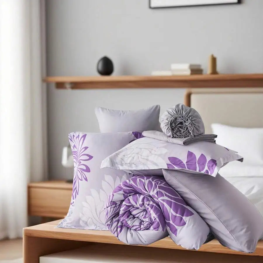 7 Pieces Chic Floral Printed Bed Comforter Sets, Queen King, Soft And Comfortable Summer Bedding Sets, Bed In A Bag, Hotel Bedro