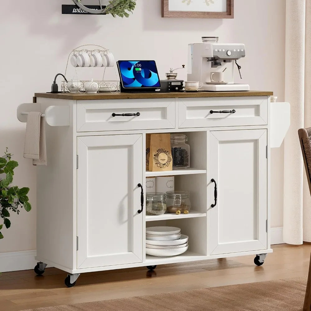 Kitchen Island Cart with Storage, Wheels, Power Outlet, Drop Leaf, Drawer & Spice Rack, White Walnut