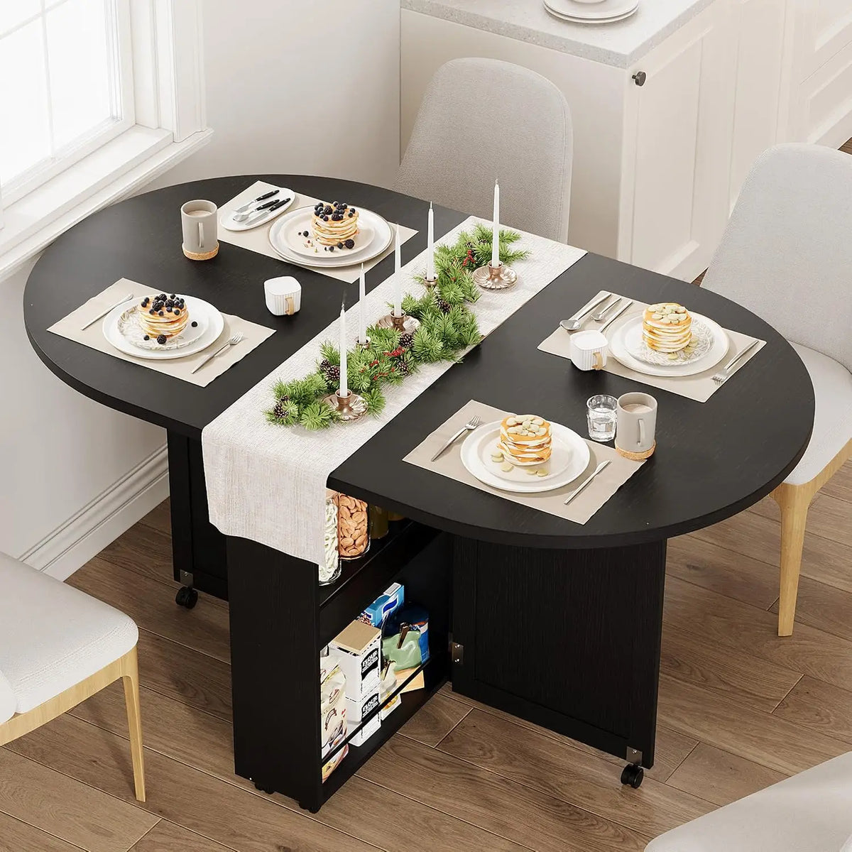 3-in-1 Folding Dining Table With Wine Rack, Drawer & Cup Holders, Drop Leaf Oval Kitchen Table On Lockable Casters For Small Spaces