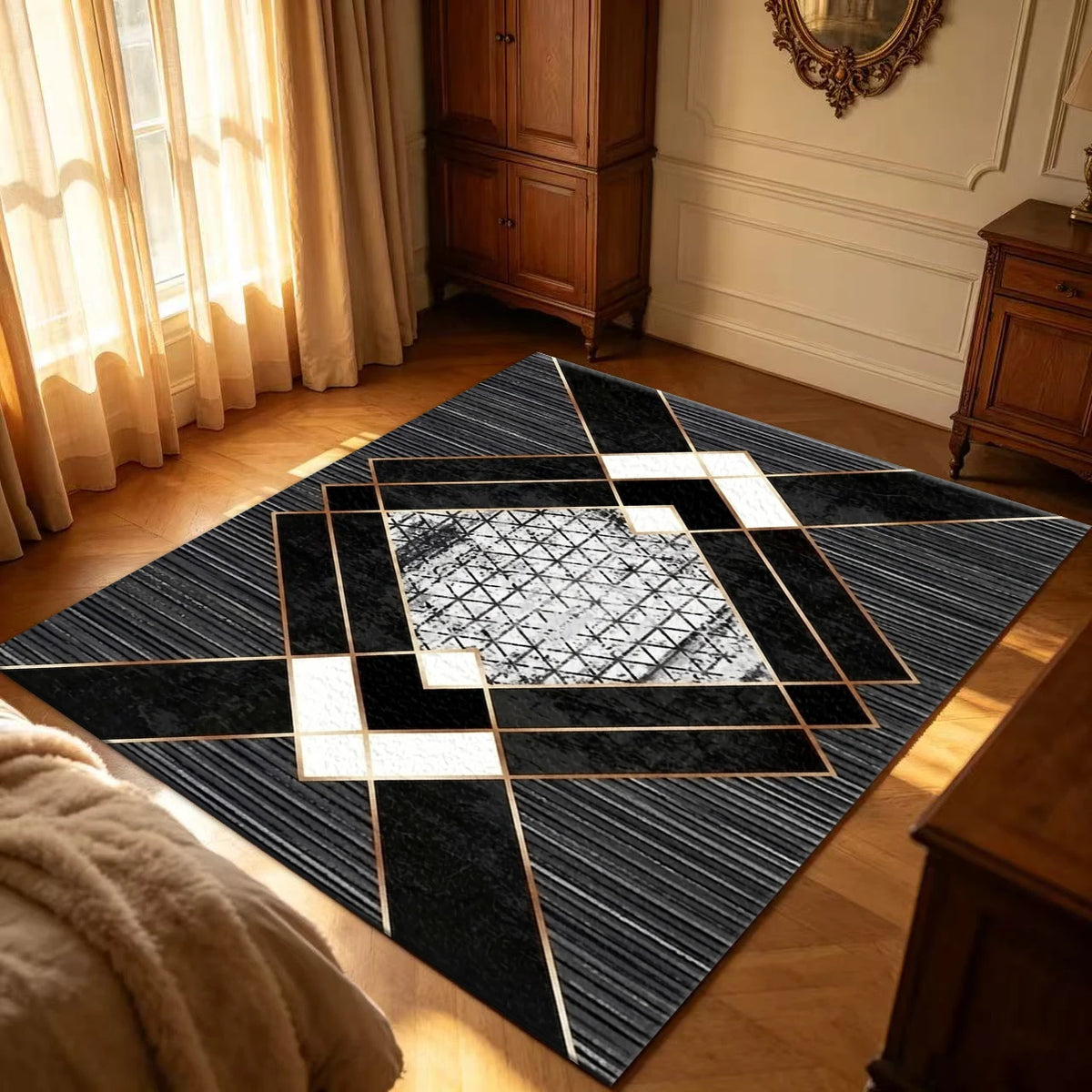 Modern Luxury Black Gold Geometric Area Rug Abstract Rectangular Floor Carpet for Living Room Bedroom Home Decor