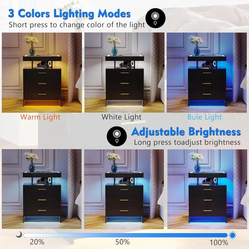 2 Set LED Nightstands with Wireless Charger Station and Auto Sensor, Black