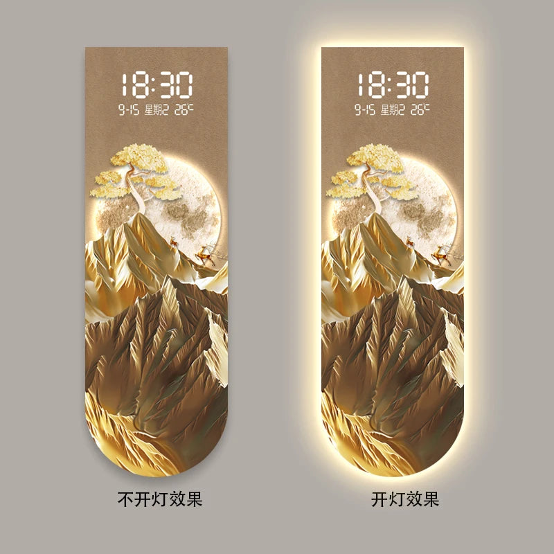 Sunlit Golden Mountain Entrance Decor Painting New Chinese Style Creative Touch-Sensitive Digital Clock High-End Living Room LED